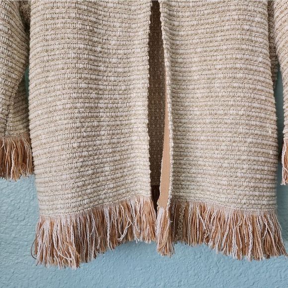 Chico's french hem and cuffs boho tunic style oatmeal open cardigan sweater - Picture 4 of 12